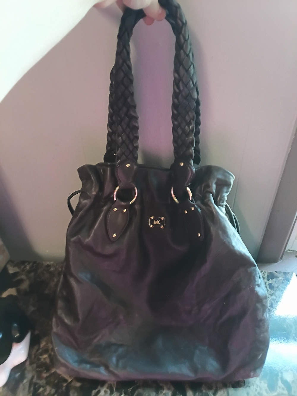Michael Kors Black Braided-Handle Leather Tote Bag